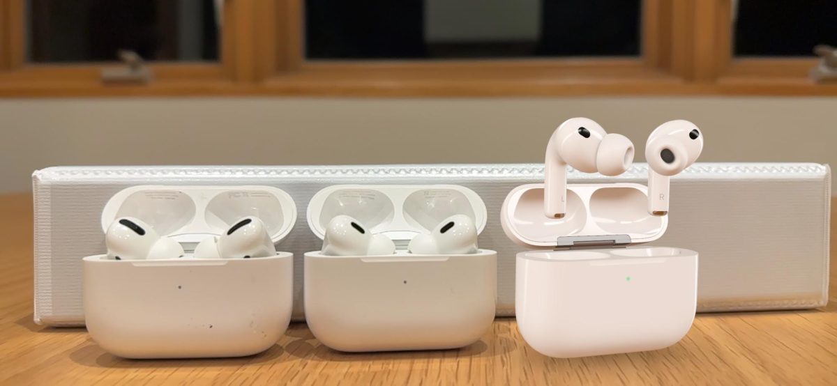 From left: Apple AirPods Pro 1, AirPods Pro 2, and AirPods Pro 3. The newest version is designed similar to the previous generations, but is simulated here by Apple’s “View in My Space” feature.