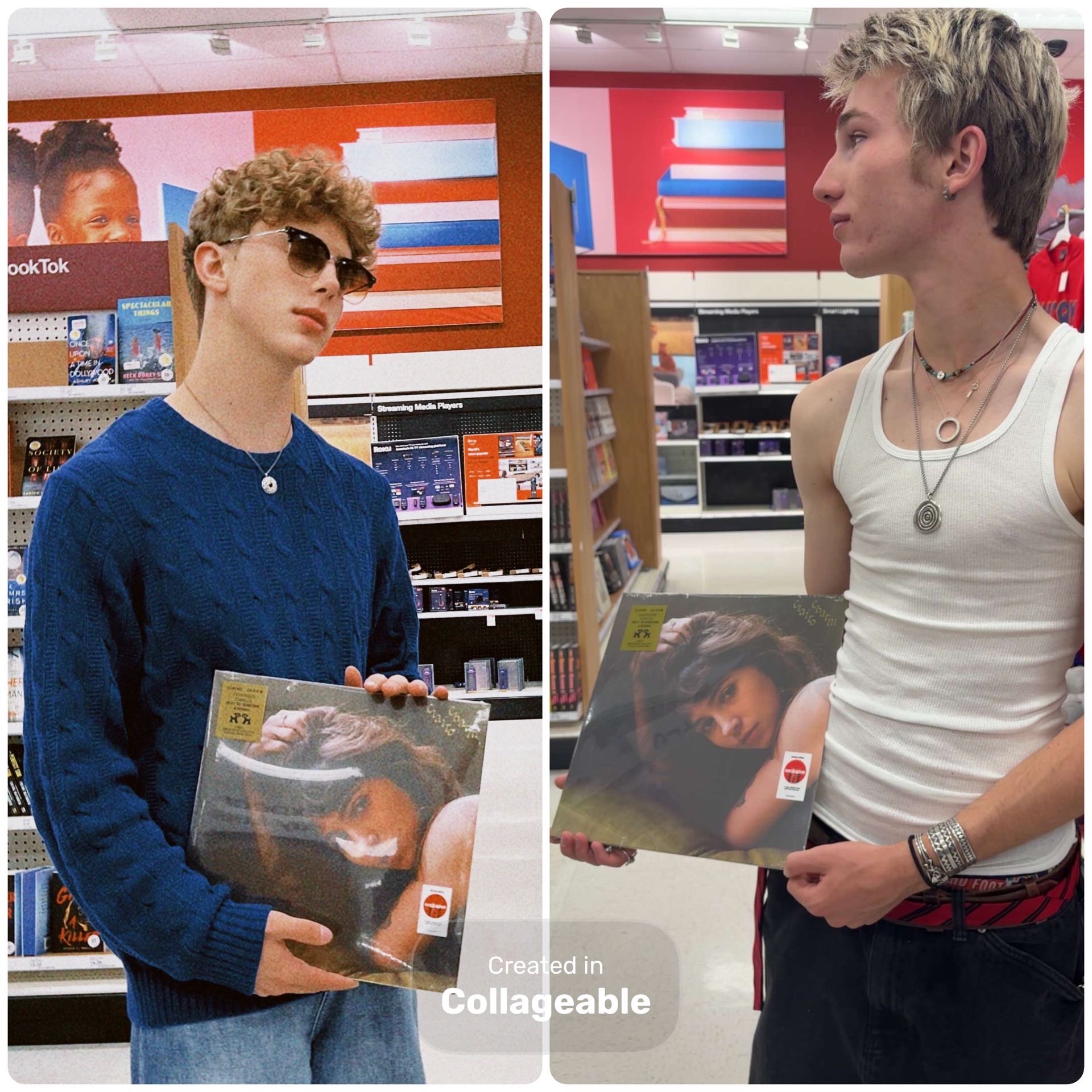 Two self-proclaimed performative males, Jack Paschal (left) and Soren Tudge (right), holding their Clairo album covers and wearing their performative outfits at the Target in Glenwood Springs.