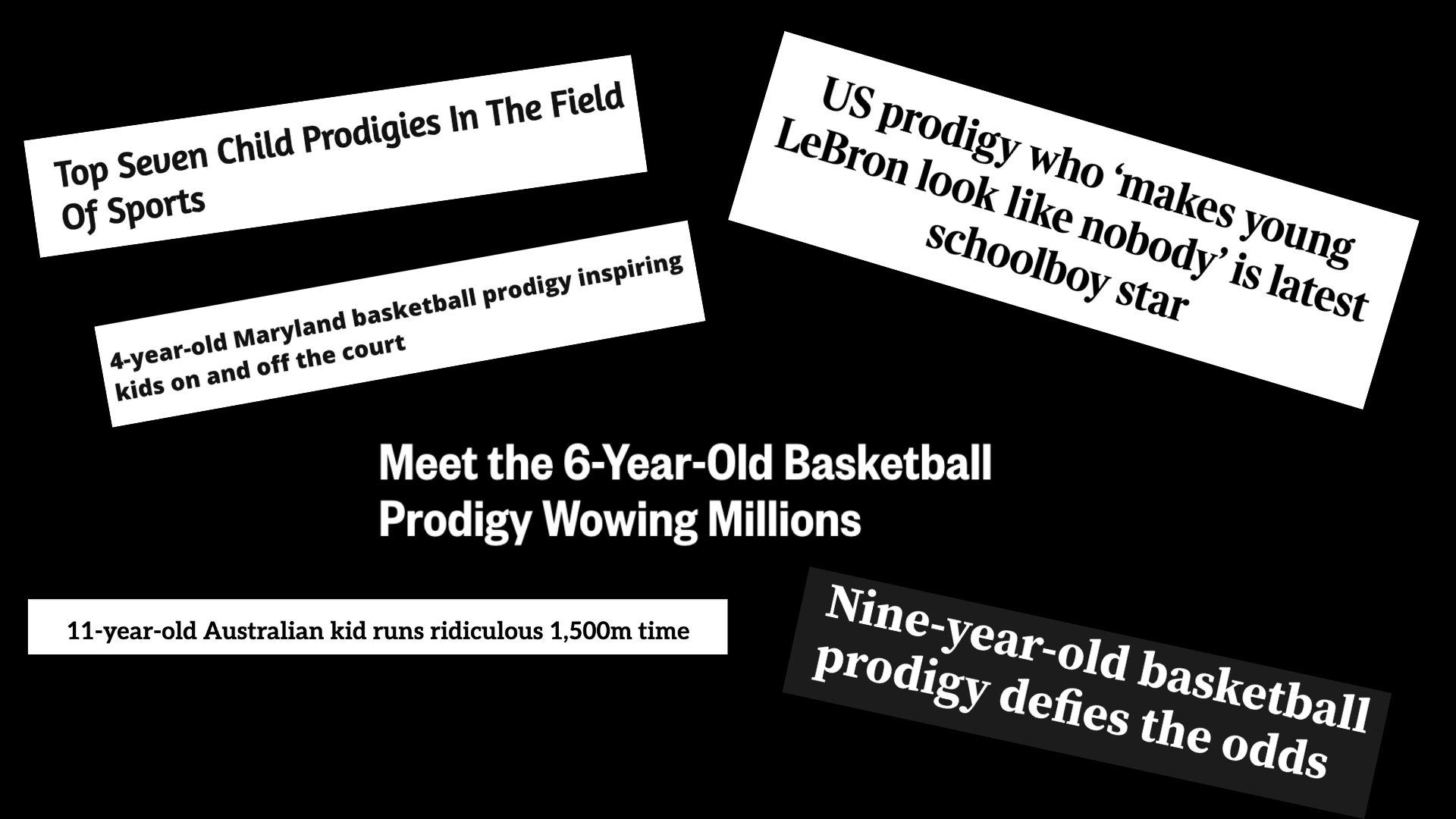 A collage of headlines for articles published about prodigies in youth sports.