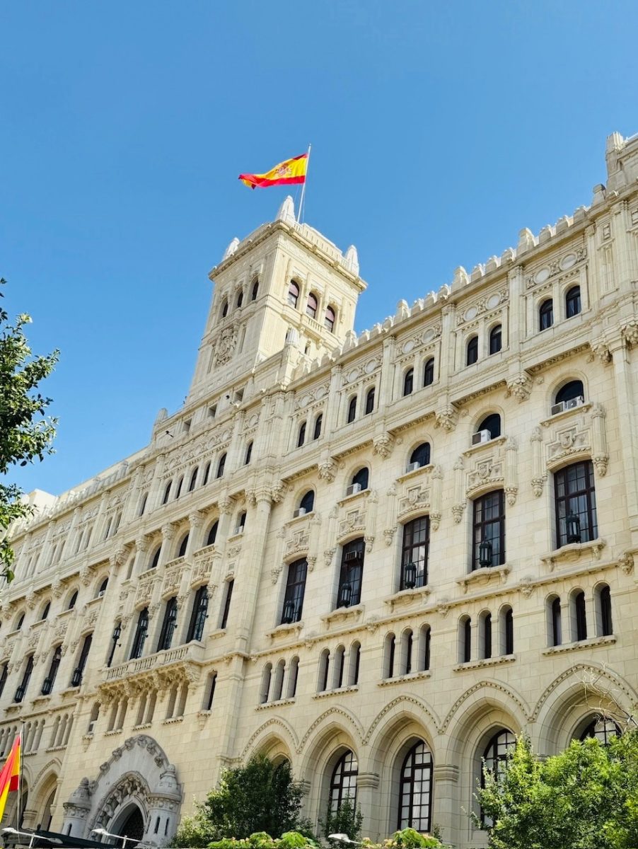 
This photo takes place in the Palacio de Cibeles or Madrid City Hall on a warm June day. The light breeze captures the Spanish flag swaying in the wind at the heart of Madrid's center.
 
