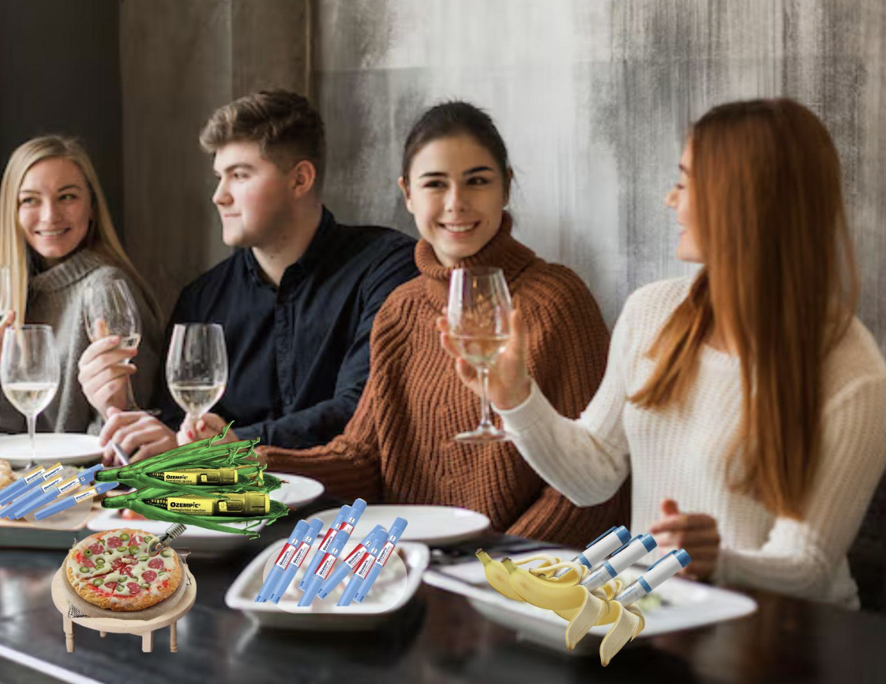 A group resturant-goers feasting on small portions of GPS drugs. 