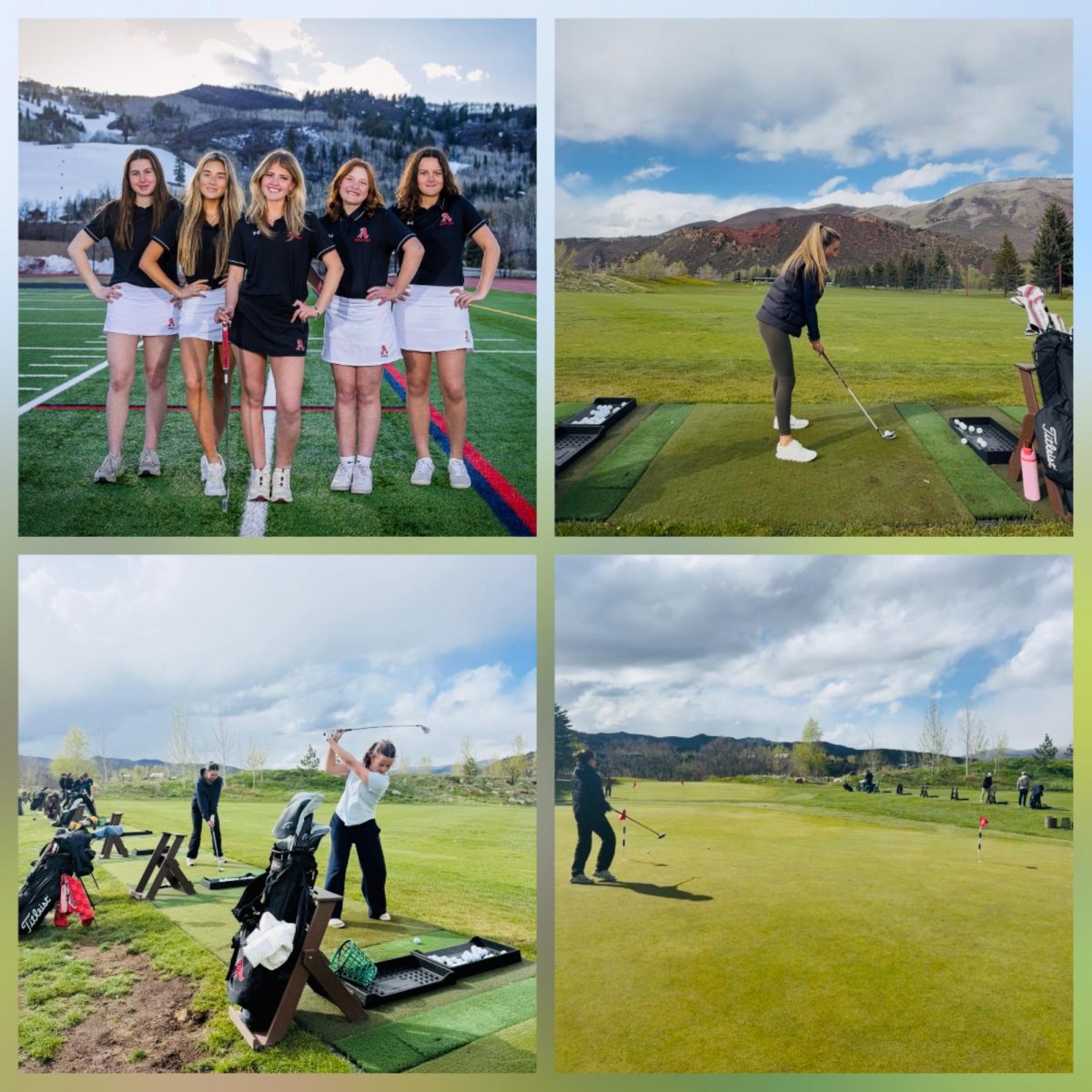 The Spring 2026 Girls Golf Team photo is on the upper left, and the other images capture a typical team practice. 