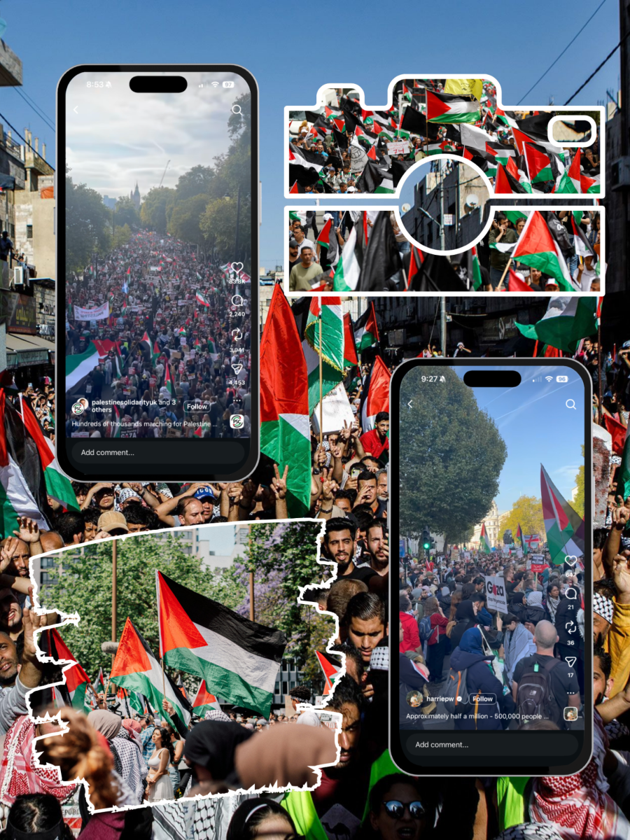 A collage of Pro-Palestinian protests. Recent Instagram reels showing the multitude of participants in recent protests.  